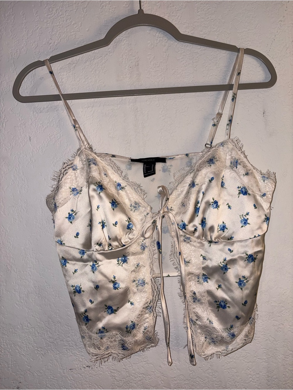 Forever 21 Ivory Satin Cami with Blue Floral Print and Lace Trim